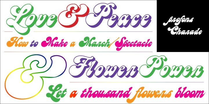 Charade is a soft, resonant design that beams of comforting warmths, joy and cosiness. It reminds of the 60ies and 70ies, flower power, party and having a good time. The outline and shadow styles are provided for special typographical expressions, for example for titles of films and videos.