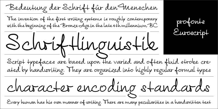 Euroscript is the handwriting of Ralph M. Unger. profonts persuaded him to try and produce his own very beautiful handwriting. Kind of hesitant at the beginning of the design process, Unger's joy and excitement about the project was continuously growing during the design process.    Euroscript is a very beautiful, casual, informal and modern handwriting. Even though a digitized handwriting, it keeps a very natural and pleasant look, at the same time being generous and well-readable. The individual characters combine quite easily and perfectly with no need for extra variants.    Euroscript is well-suited for plenty of applications, e.g. personal correspondence, invitations, greeting cards, headlines etc