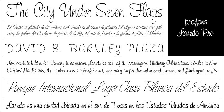 Laredo Pro is another handwriting font family designed at the profonts studio. It is an upright, peppy and dynamic design. Its liveliness and virility results from its handwriting character which is further strengthened by the varying stroke width and several very characteristic forms. profonts Laredo Pro can be taken for all any kind of typographic job where a strong and dynamic font is needed.?Laredo Pro includes a large number of additional ligatures and stylistic alternates to make this beautiful script design a perfect font for OTF-savvy applications.