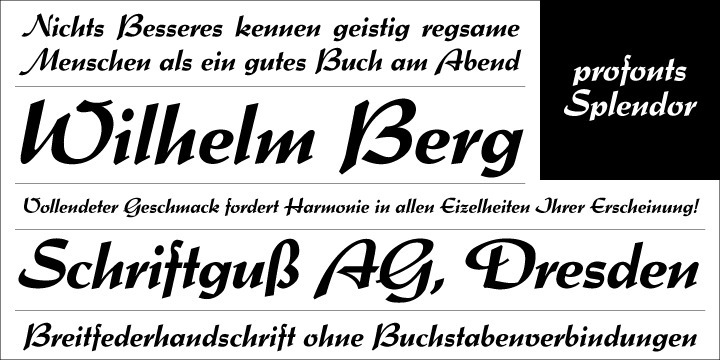 Originally, Splendor was produced and released in 1930 by Schriftguß AG, Dresden. The typeface was designed by Berlin designer Wilhelm Berg.   Ralph M. Unger revived this jewel of a typeface design redesigning and digitally remastering it for profonts.    Splendor is a broad-nip, non-connecting handwriting script of timeless elegance, charme and beauty. It needs tight setting with plenty of space around it.