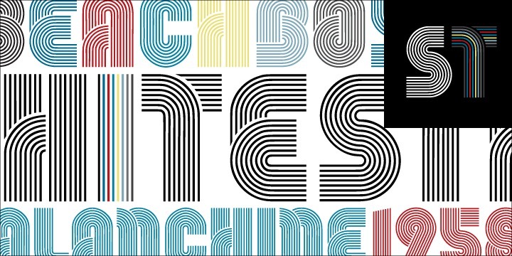 Stripes is a caps only font and does not contain additional ligatures, because there is an easy way to create as many of them as you like. To form a ligature, convert your word or word string into vectors. Activate the corner points of the straight lines (not the round ones) of a letter and drag them over the next or the previous letter. This way you can create any ligature of your own. Beware of overkilling, it could decrease the legibility of your text.